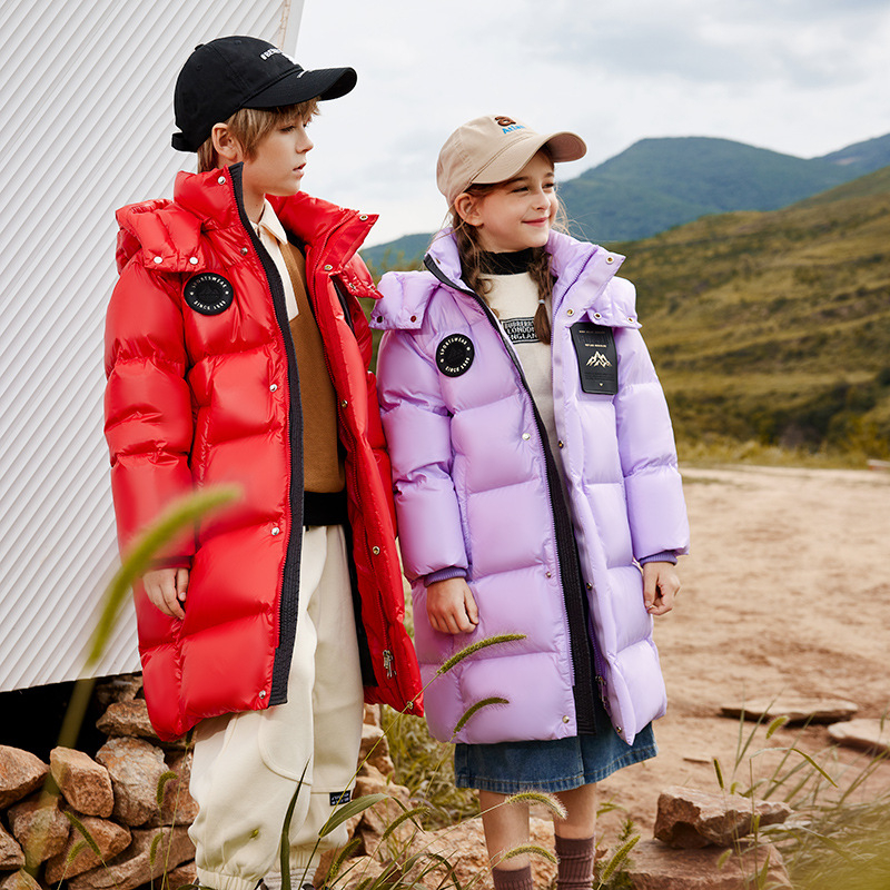 3QR bērnu dūnu jaka 2023. gada ziemas jaunā 90. gada baltā pīļu dūnu vidēja un liela izmēra bērnu vidēja garuma sabiezēts melnzelta mētelis, modīgs