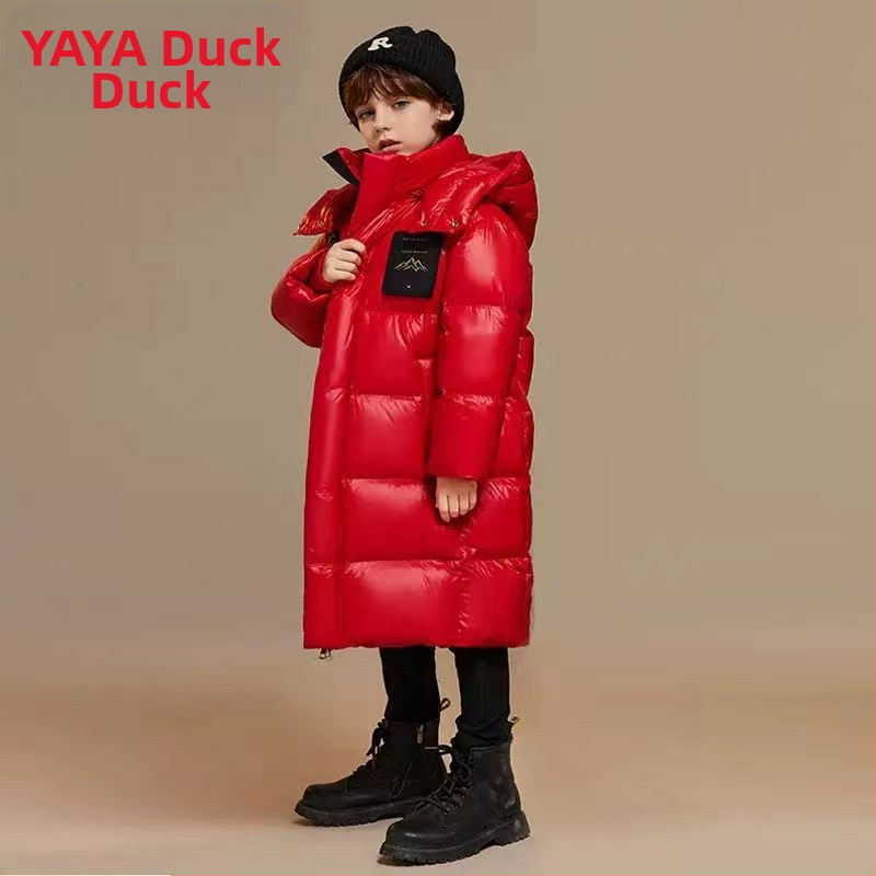 3QR bērnu dūnu jaka 2023. gada ziemas jaunā 90. gada baltā pīļu dūnu vidēja un liela izmēra bērnu vidēja garuma sabiezēts melnzelta mētelis, modīgs