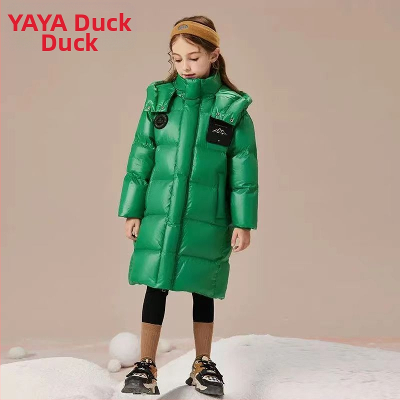 3QR bērnu dūnu jaka 2023. gada ziemas jaunā 90. gada baltā pīļu dūnu vidēja un liela izmēra bērnu vidēja garuma sabiezēts melnzelta mētelis, modīgs