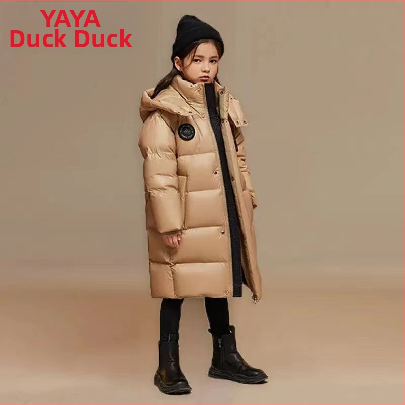 3QR bērnu dūnu jaka 2023. gada ziemas jaunā 90. gada baltā pīļu dūnu vidēja un liela izmēra bērnu vidēja garuma sabiezēts melnzelta mētelis, modīgs