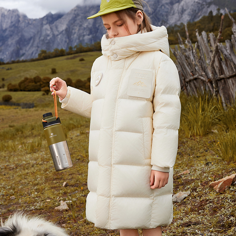 3QR bērnu dūnu jaka 2023. gada ziemas jaunā 90. gada baltā pīļu dūnu vidēja un liela izmēra bērnu vidēja garuma sabiezēts melnzelta mētelis, modīgs