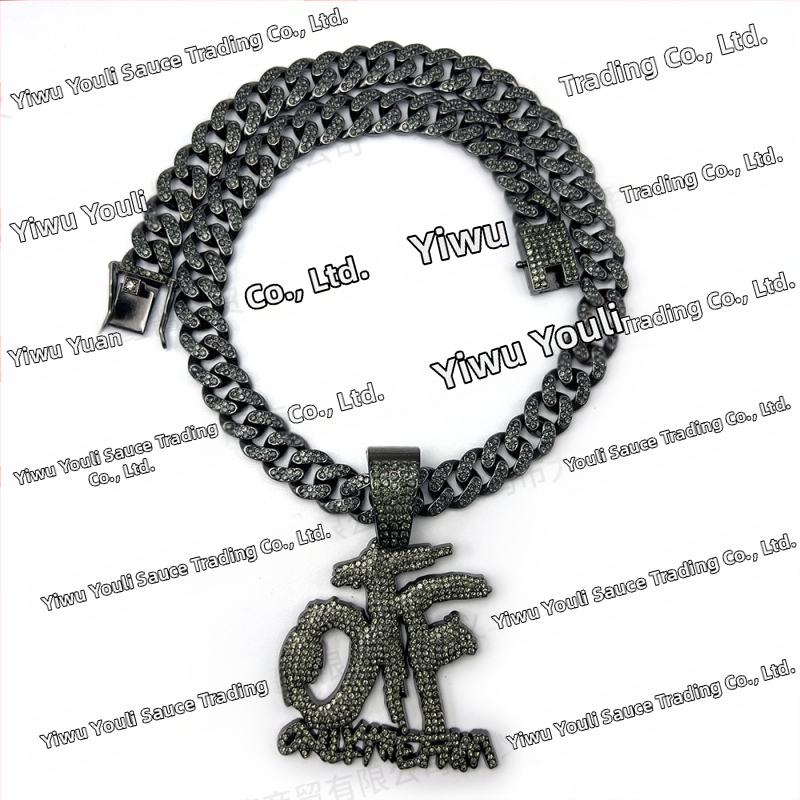 Vruća prekogranična eksplozivna hip-hop europska i američka OTF ogrlica s punim dijamantima, kubanski lanac, srebrni, zlatni, crni privjesak