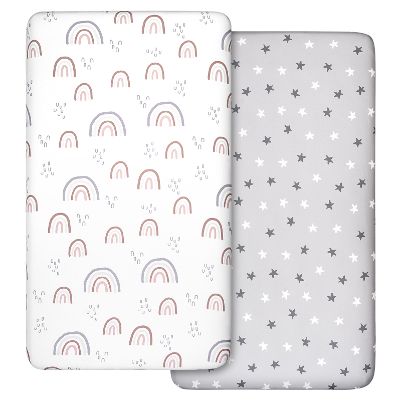 Kūdikių paklodės su guma, šlapimui nepralaidus, kvėpuojantis čiužinio užvalkalas, nauji vaikiški suklijuoti paklodės, lopšio „Rainbow Star“ formos paklodės