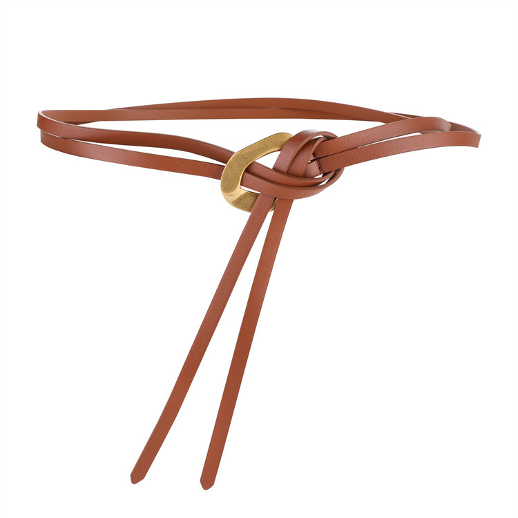 Uudne naiste sõlmepandlaga õhuke vöö, naiste kleit, kitsas vöökate, pikk vöö, moodne kuldse pandlaga loomanahast vöö