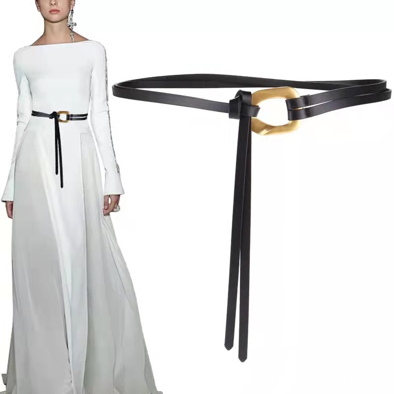 Uudne naiste sõlmepandlaga õhuke vöö, naiste kleit, kitsas vöökate, pikk vöö, moodne kuldse pandlaga loomanahast vöö