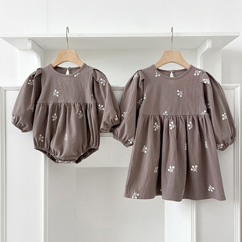 Φόρεμα για κορίτσια σε κορεατικό στιλ, τσάντα μωρού με μακριά μανίκια για άνοιξη και φθινόπωρο, ολόσωμο φόρεμα, στολή για αδερφές, κεντημένο φόρεμα για κορίτσια