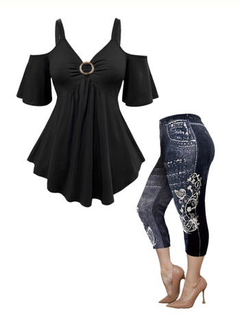 Naiste piiriülene pluss-suuruses õlgadega alt avanev topp, moodne kunstteksariidest trükiga püksid, vabaaja, igapäevane salendav kaheosaline komplekt