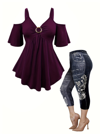 Naiste piiriülene pluss-suuruses õlgadega alt avanev topp, moodne kunstteksariidest trükiga püksid, vabaaja, igapäevane salendav kaheosaline komplekt