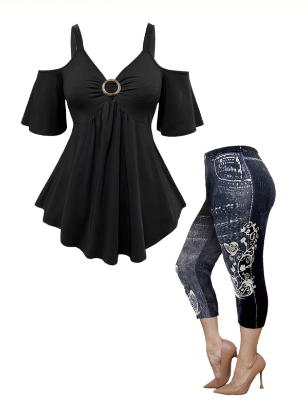 Naiste piiriülene pluss-suuruses õlgadega alt avanev topp, moodne kunstteksariidest trükiga püksid, vabaaja, igapäevane salendav kaheosaline komplekt