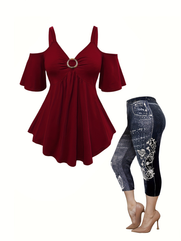 Naiste piiriülene pluss-suuruses õlgadega alt avanev topp, moodne kunstteksariidest trükiga püksid, vabaaja, igapäevane salendav kaheosaline komplekt