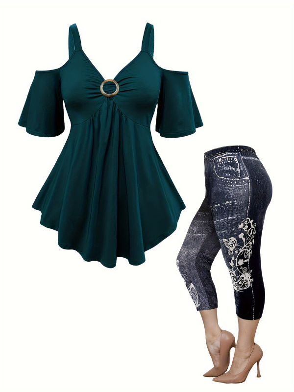 Naiste piiriülene pluss-suuruses õlgadega alt avanev topp, moodne kunstteksariidest trükiga püksid, vabaaja, igapäevane salendav kaheosaline komplekt