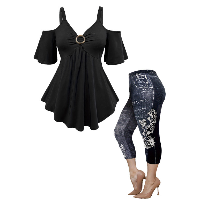 Naiste piiriülene pluss-suuruses õlgadega alt avanev topp, moodne kunstteksariidest trükiga püksid, vabaaja, igapäevane salendav kaheosaline komplekt