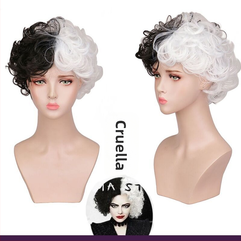 Περούκα Kuila, ευρωπαϊκή και αμερικανική γυναικεία περούκα cos, ασπρόμαυρη μάγισσα Kuila Cruella, κοντά σγουρά μαλλιά, εργοστάσιο χονδρικής