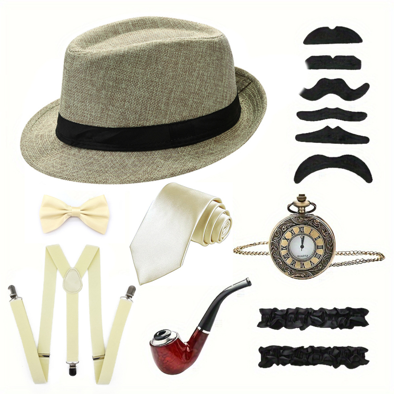 1920 Gatsby Party bărbătesc costum de petrecere cu joben retro, ceas de buzunar, curea, barbă, Amazon Spot, vânzare fierbinte
