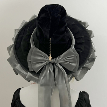 Käsitsi valmistatud suure äärega võlumütsi halloweeni peakate gooti tume must lilla vibuga lolita nõiamüts