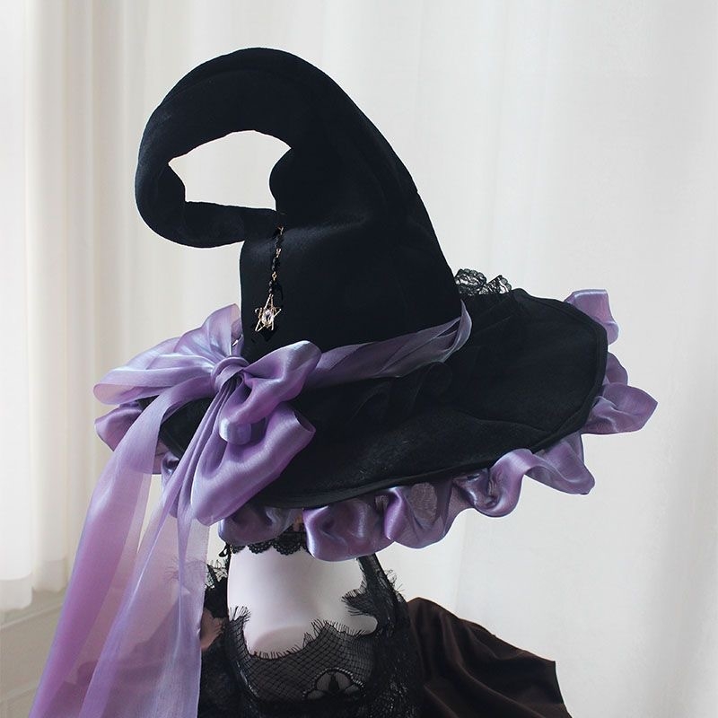 Pălărie magică lucrată manual cu bor mare, Halloween, coafură gotică, negru închis, violet, cu fundă, Lolita, pălărie de vrăjitoare