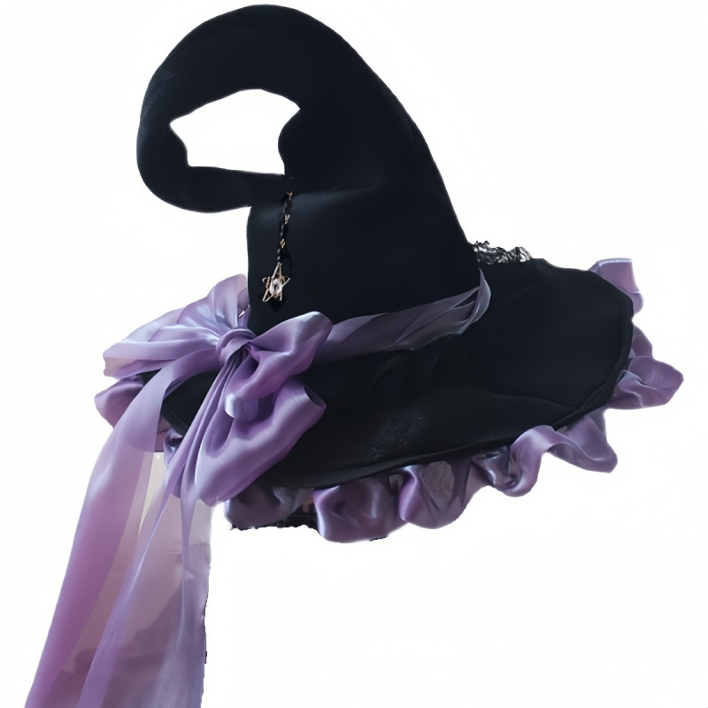 Käsitsi valmistatud suure äärega võlumütsi halloweeni peakate gooti tume must lilla vibuga lolita nõiamüts