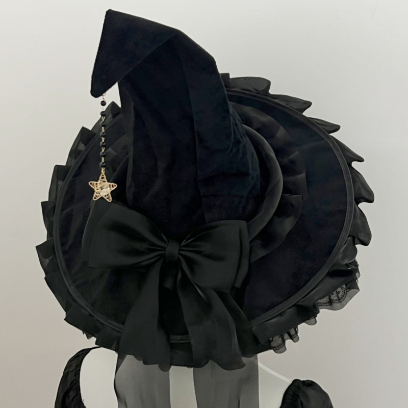 Käsitsi valmistatud suure äärega võlumütsi halloweeni peakate gooti tume must lilla vibuga lolita nõiamüts