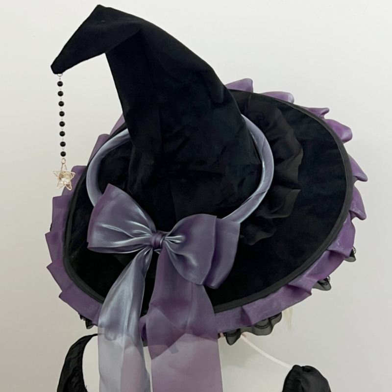 Käsitsi valmistatud suure äärega võlumütsi halloweeni peakate gooti tume must lilla vibuga lolita nõiamüts