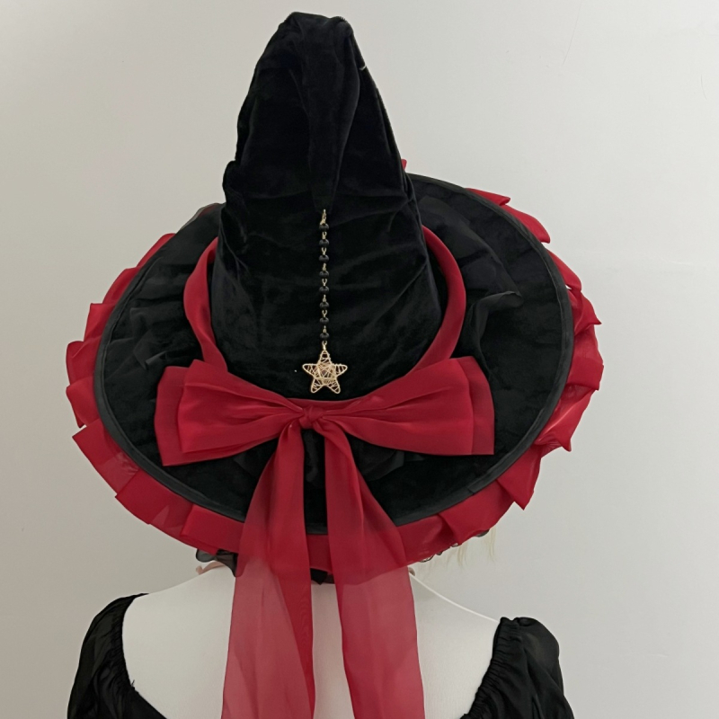 Käsitsi valmistatud suure äärega võlumütsi halloweeni peakate gooti tume must lilla vibuga lolita nõiamüts