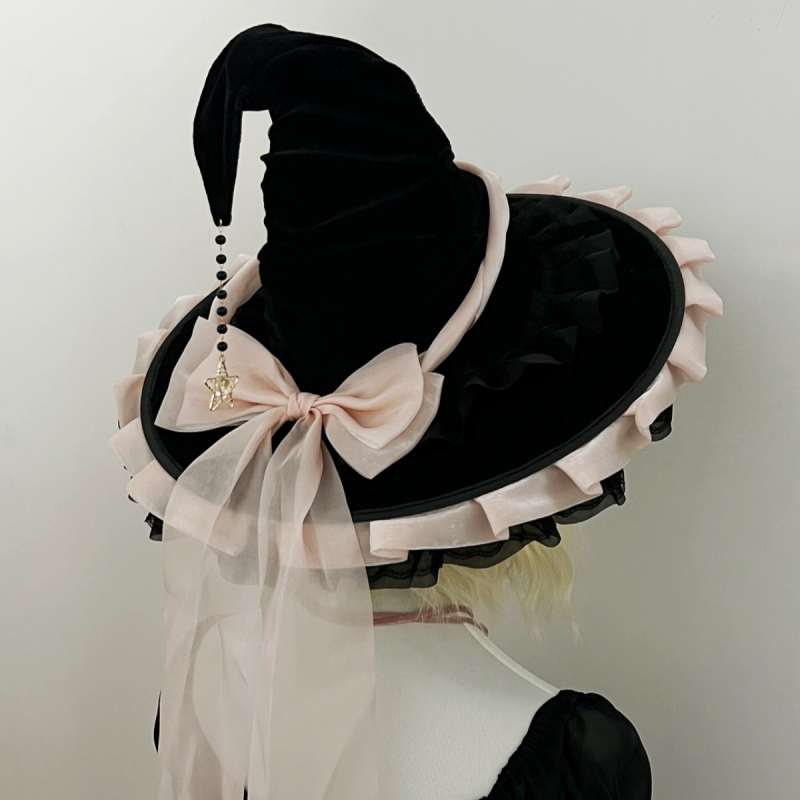 Käsitsi valmistatud suure äärega võlumütsi halloweeni peakate gooti tume must lilla vibuga lolita nõiamüts