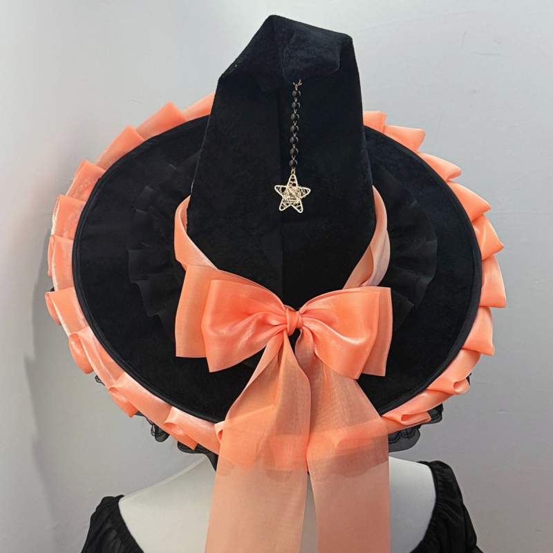 Käsitsi valmistatud suure äärega võlumütsi halloweeni peakate gooti tume must lilla vibuga lolita nõiamüts