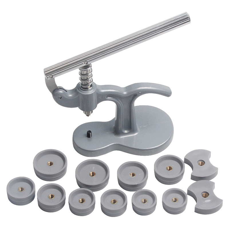 Kellaparandustööriist, kella tagakaane korkimisseade, metallkorpus, alumiiniumsulamist rõhuriba, kella aku vahetamise korkimismasin