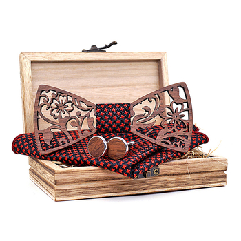T202 puidust õõnes käsitöö mood kikilipsu mansetinööbid taskurätikukomplekt vabaaja pulmakikilips