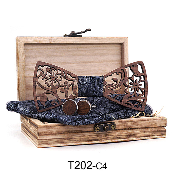 T202 puidust õõnes käsitöö mood kikilipsu mansetinööbid taskurätikukomplekt vabaaja pulmakikilips