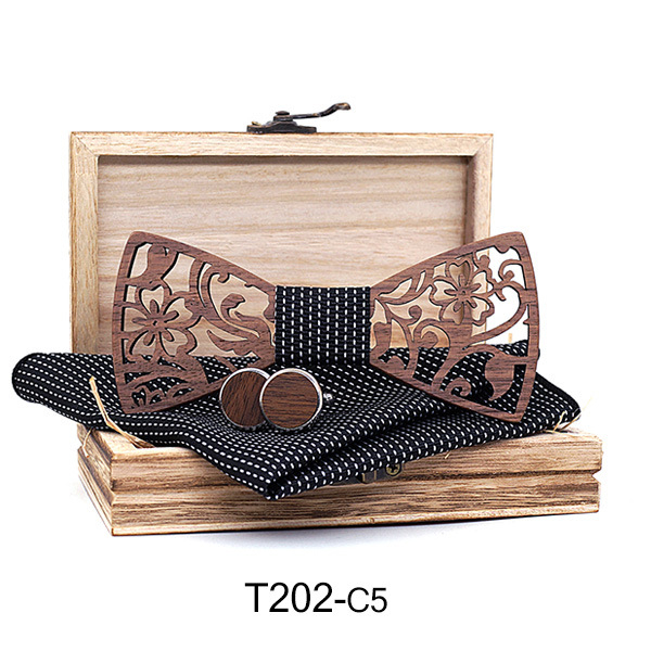 T202 puidust õõnes käsitöö mood kikilipsu mansetinööbid taskurätikukomplekt vabaaja pulmakikilips