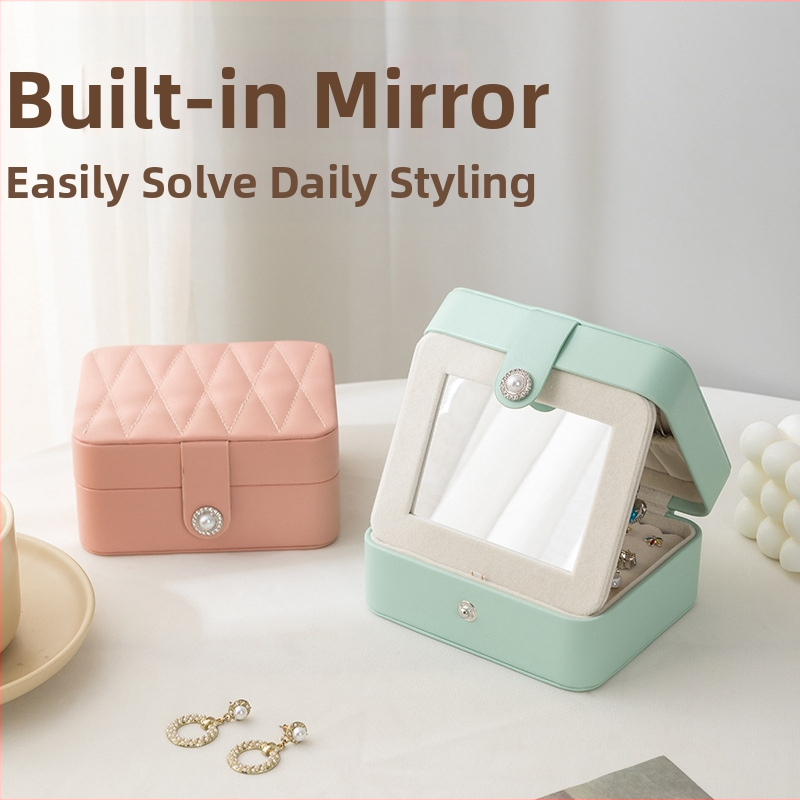 PU nahast peegliga ehtekarp kaasaskantav ehtepakend väike sõrmuskõrvarõngaste ehete hoiukarp Korea stiilis