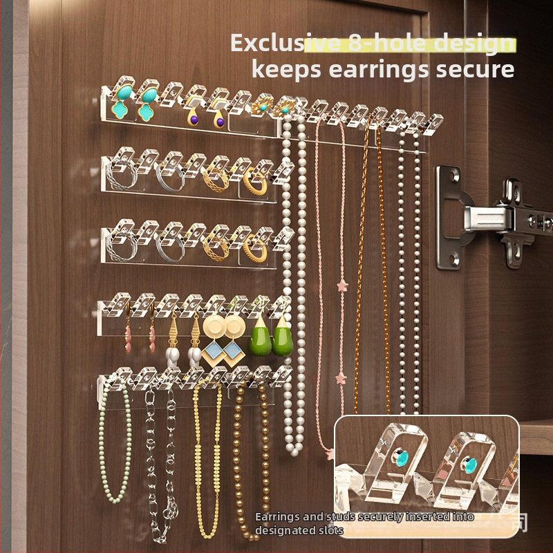 Огледална поставка за бижута с верижка за врата на шкаф, закачана на гърба на шкафа, кукички за обеци с верижка, стенна поставка за бижута без пробиване и против заплитане