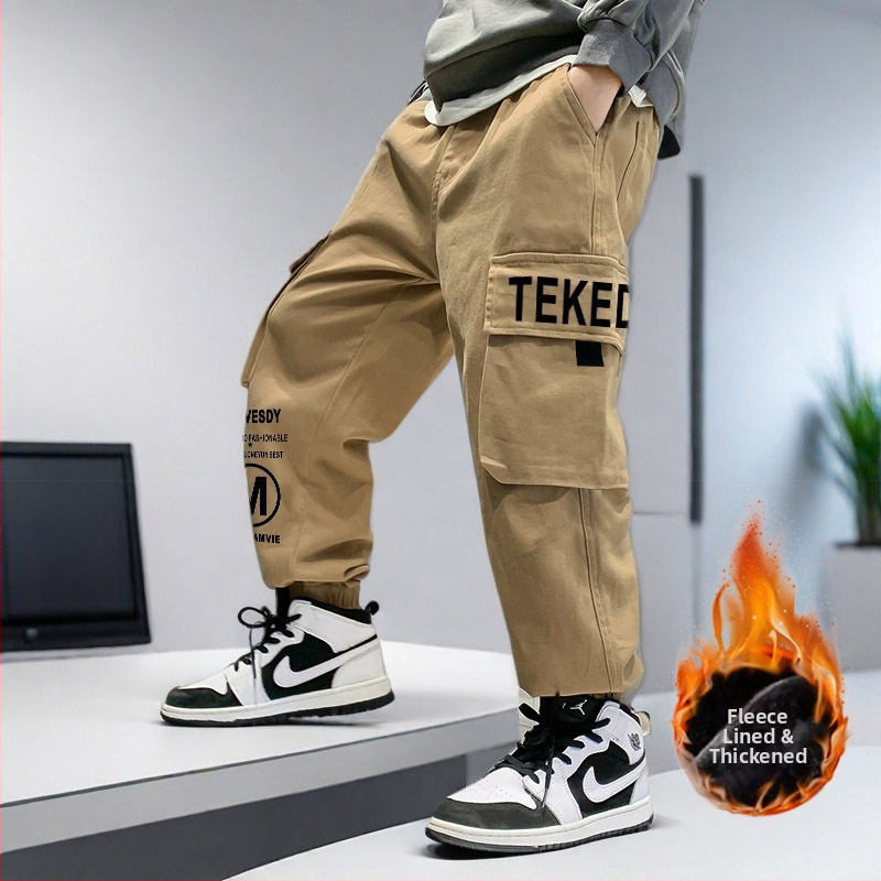 Laste sügis- ja talvefliisvoodriga paksendatud mugavad universaalsed vabaajariided stiilsed poiste lasteriided jalgade tööriistade püksid nägusad