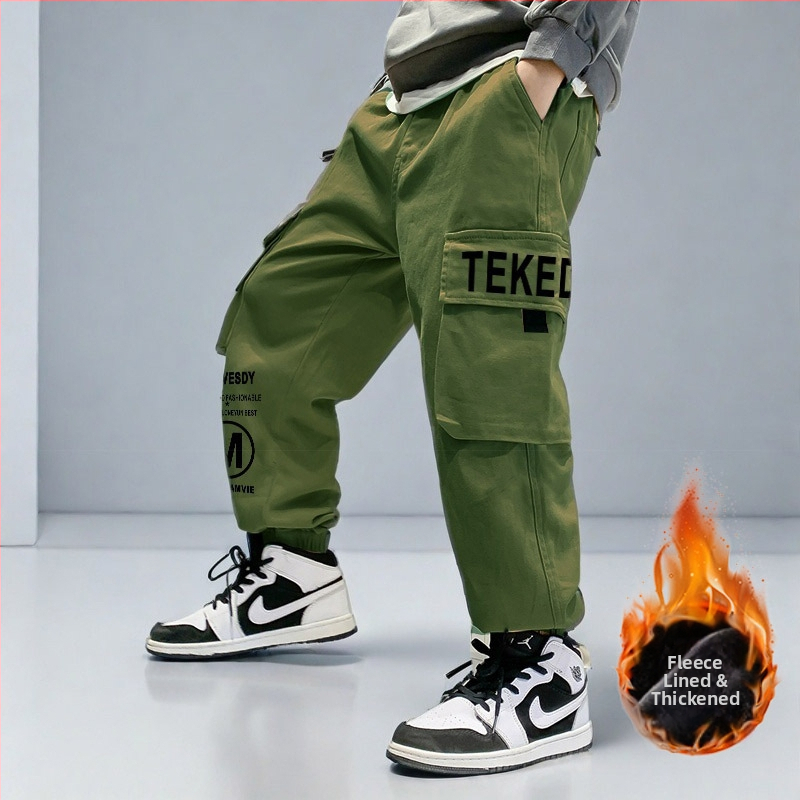 Laste sügis- ja talvefliisvoodriga paksendatud mugavad universaalsed vabaajariided stiilsed poiste lasteriided jalgade tööriistade püksid nägusad