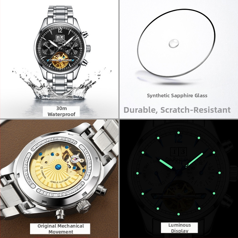 Мъжки автоматичен механичен часовник Carnival, водоустойчив, моден, бизнес, многофункционален часовник, поколение 8730