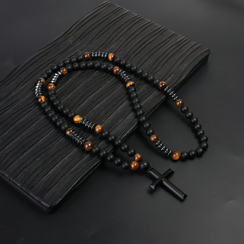 Produse noi transfrontaliere fierbinți cruce triunghi pandantiv bijuterii simple galben ochi de tigru imitație mat colier bărbătesc