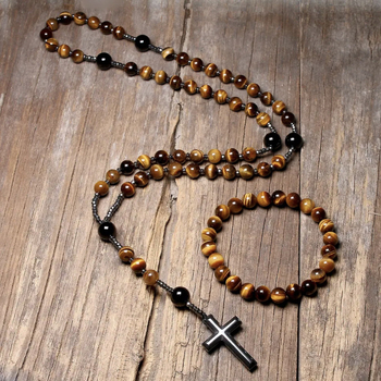 Κολιέ με σταυρό από φυσική πέτρα σε διασυνοριακές εκρήξεις, ευρωπαϊκή και αμερικανική μοντέρνα αλυσίδα πουλόβερ, πολύχρωμο κολιέ ροζάριο ντοπαμίνης χονδρικής