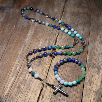 Κολιέ με σταυρό από φυσική πέτρα σε διασυνοριακές εκρήξεις, ευρωπαϊκή και αμερικανική μοντέρνα αλυσίδα πουλόβερ, πολύχρωμο κολιέ ροζάριο ντοπαμίνης χονδρικής