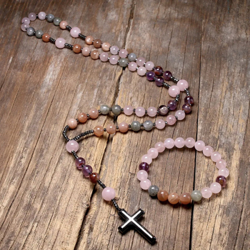 Κολιέ με σταυρό από φυσική πέτρα σε διασυνοριακές εκρήξεις, ευρωπαϊκή και αμερικανική μοντέρνα αλυσίδα πουλόβερ, πολύχρωμο κολιέ ροζάριο ντοπαμίνης χονδρικής