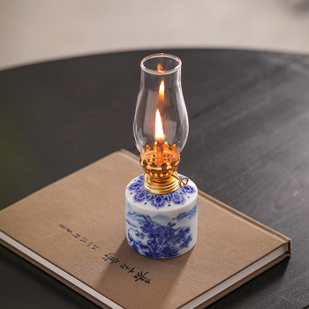 Tarpvalstybinis tiesioginis pristatymas keramikinei sviestinei lempai, mėlynai baltai lotoso stiliaus, vintažinei žibalinei lempai, arbatos ceremonijos dekoracijoms, arbatos kambario atmosferos lempai