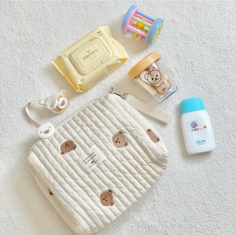 Korea Ins stiilis tikitud karuga tepitud lapsevankri riputuskott lukuga hoiukott emmekott emale ja beebile mähkmekott