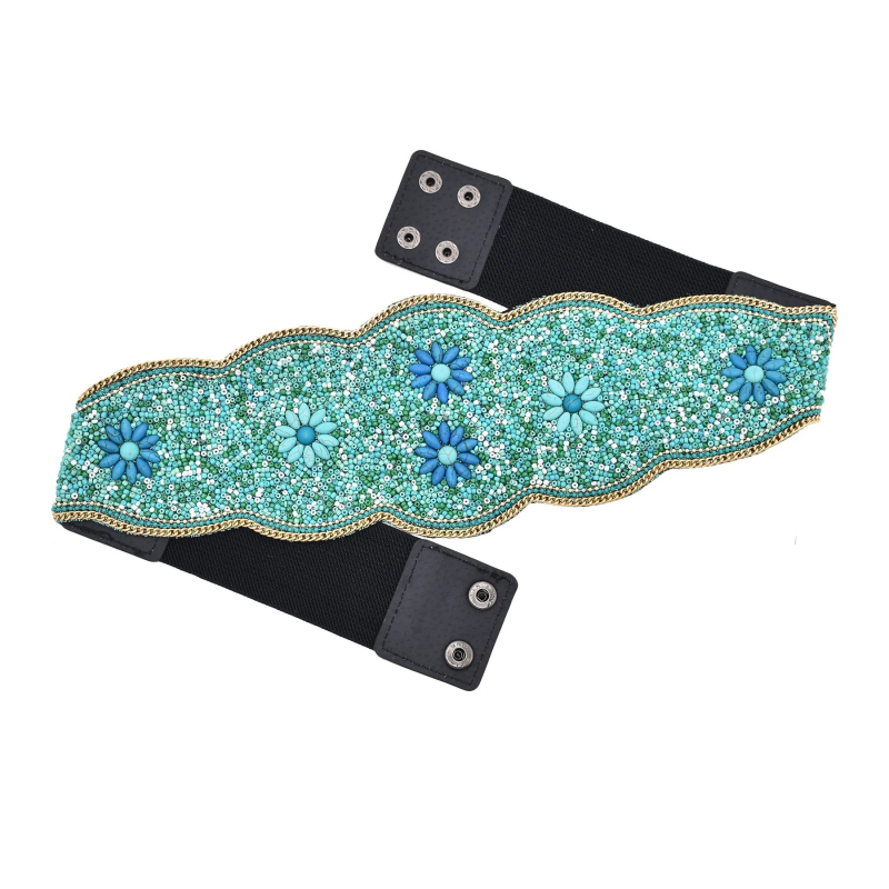 Suvine Hani dünastia vöökaunistuste etnilise stiili värviline türkiissinine lai vöö käsitsi valmistatud elastne elastne vöö Xinjiangi