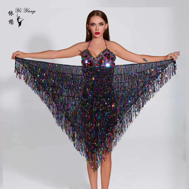 Нов шал за коремни танци с пайети, триъгълен шал с верига за талия, ориенталски танцов фестивал, шал за начинаещи с хип талия