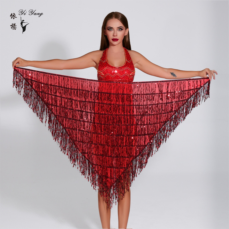 Нов шал за коремни танци с пайети, триъгълен шал с верига за талия, ориенталски танцов фестивал, шал за начинаещи с хип талия