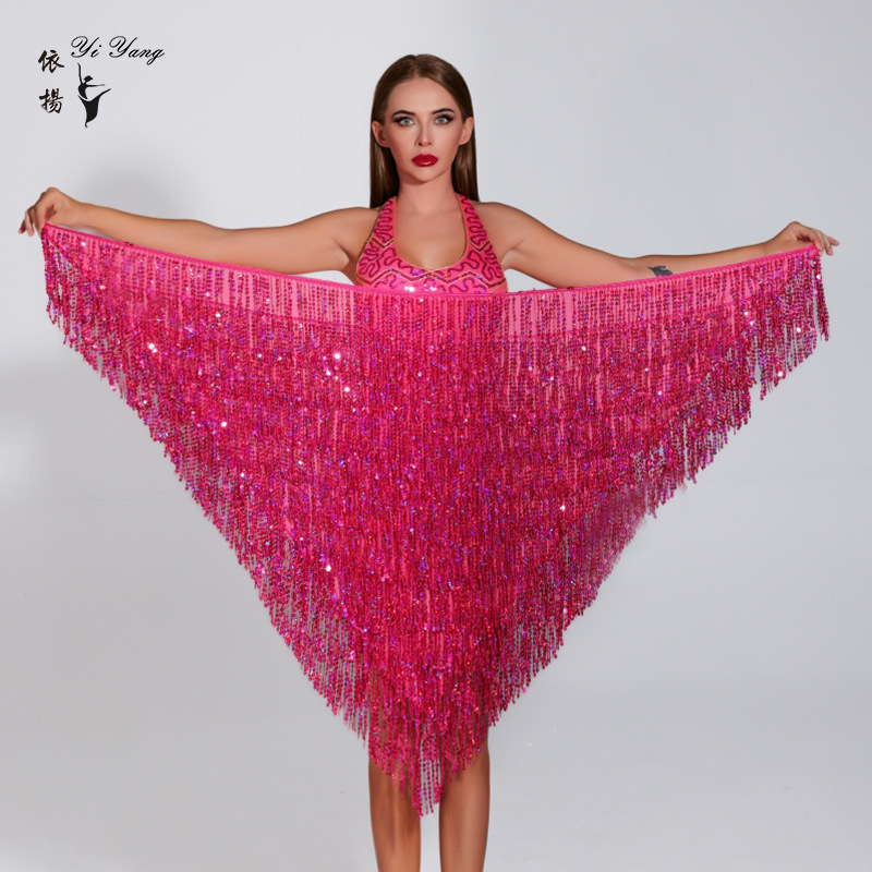 Нов шал за коремни танци с пайети, триъгълен шал с верига за талия, ориенталски танцов фестивал, шал за начинаещи с хип талия