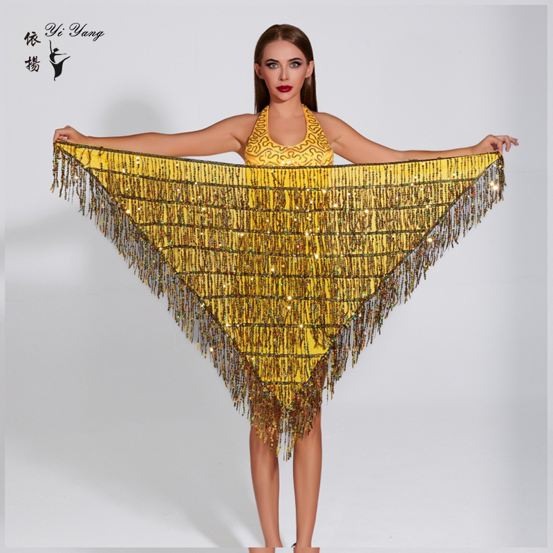 Нов шал за коремни танци с пайети, триъгълен шал с верига за талия, ориенталски танцов фестивал, шал за начинаещи с хип талия