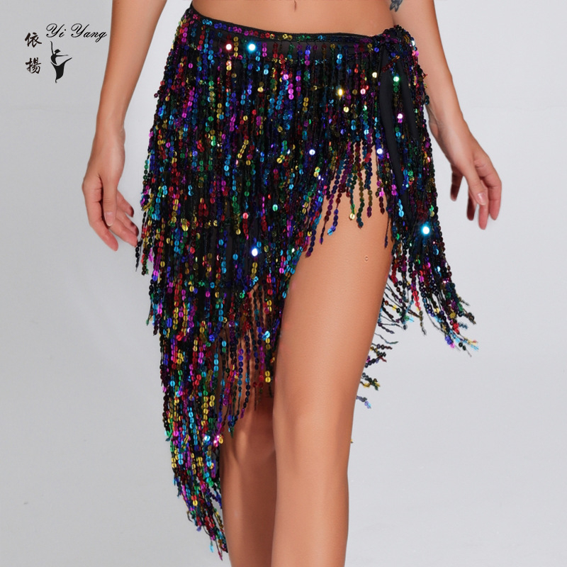 Нов шал за коремни танци с пайети, триъгълен шал с верига за талия, ориенталски танцов фестивал, шал за начинаещи с хип талия