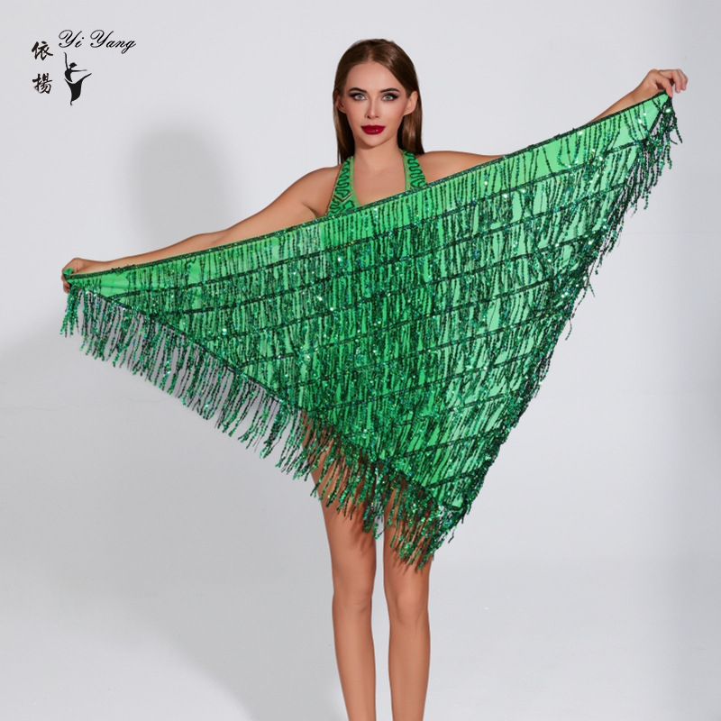 Нов шал за коремни танци с пайети, триъгълен шал с верига за талия, ориенталски танцов фестивал, шал за начинаещи с хип талия