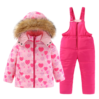 Момичешки зимен нов топъл костюм с голяма кожена яка и памучна подплата, детски костюм за свободното време на открито, ски облекло от две части