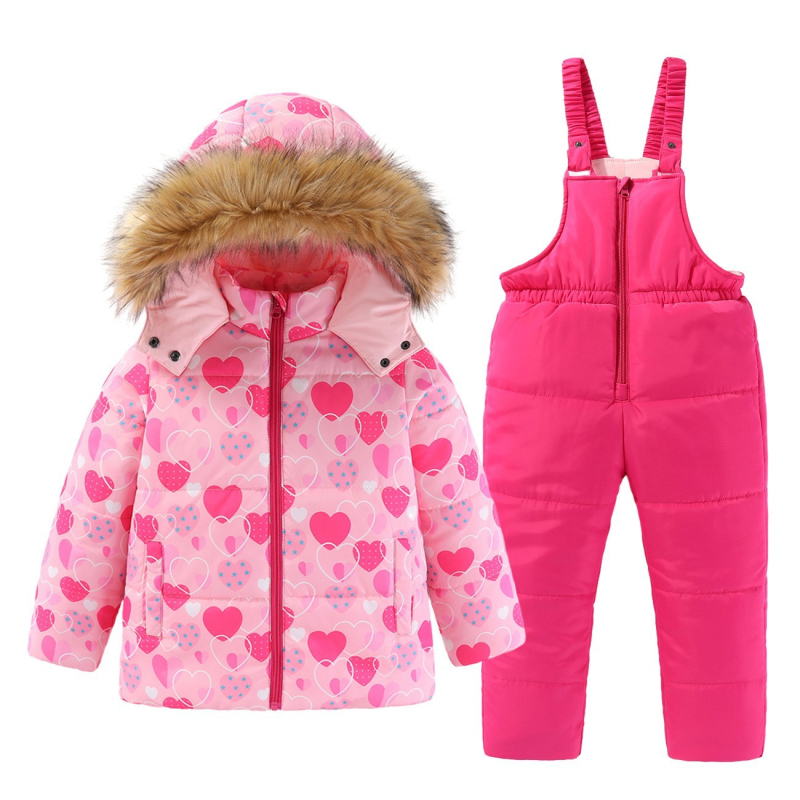 Момичешки зимен нов топъл костюм с голяма кожена яка и памучна подплата, детски костюм за свободното време на открито, ски облекло от две части